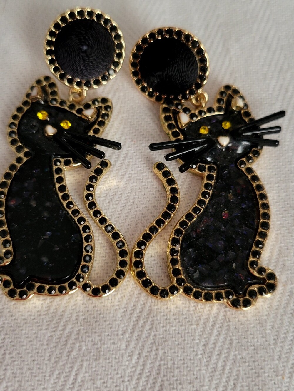 Black Cat Dangle Earrings with Gold Trim